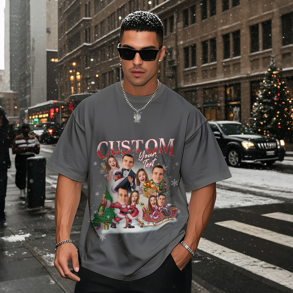 Custom Couple Portrait T-Shirt  Personalized Face Tee Matching Christmas Gift for Lovers