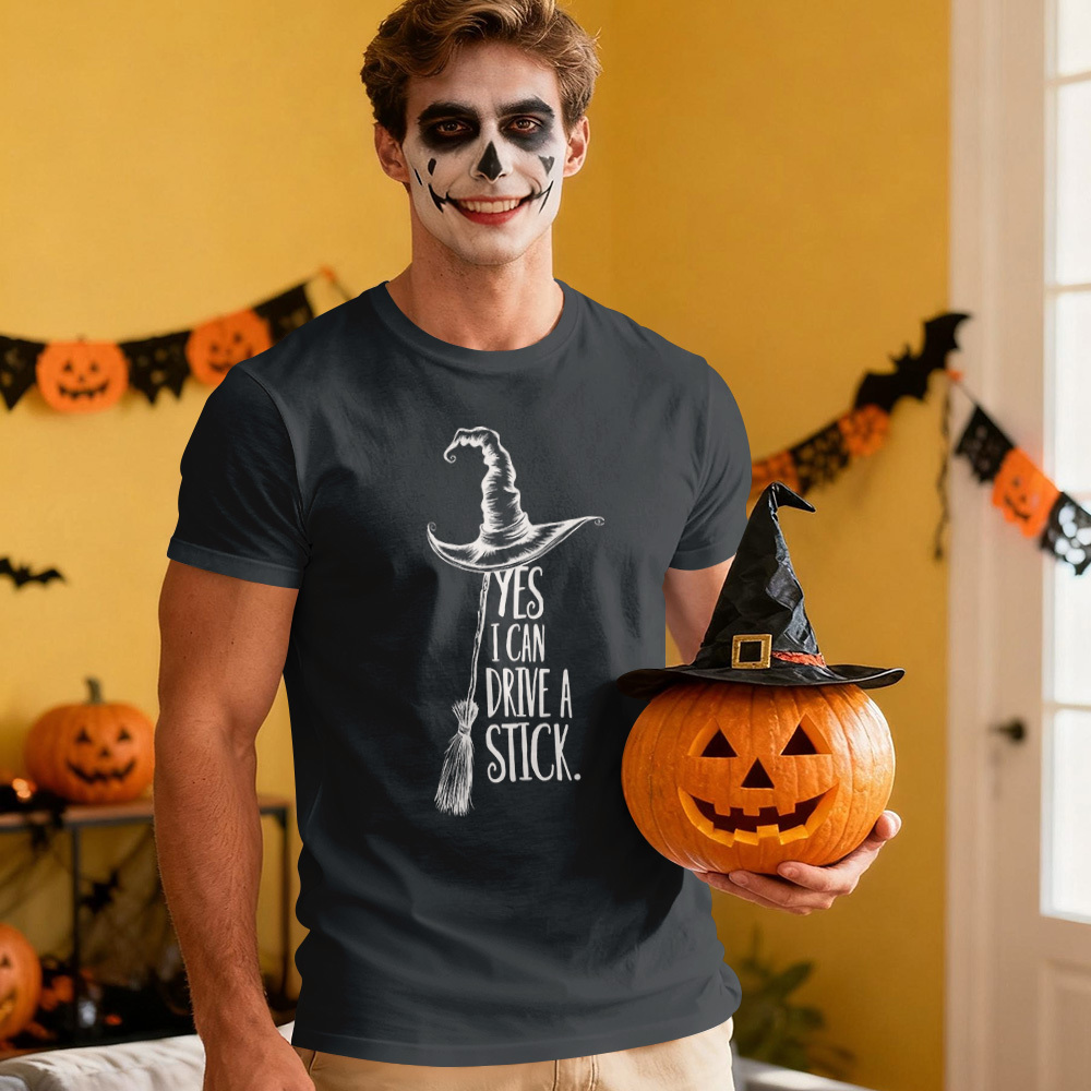 Yes I Can Drive A Stick T Shirt, Funny Halloween Witch Tee for Women, Spooky Party Shirt, Cute Halloween Gift Top, Witchy Costume Outfit - MyFaceSocks