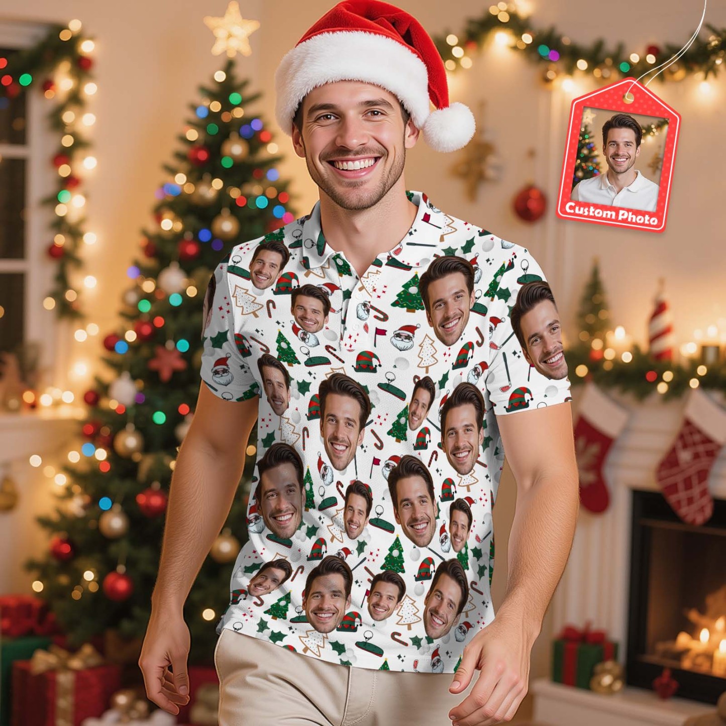 Custom Face Christmas Tree Polo Shirt Gift Box Golf Polo Shirt Personalized Golf Shirt for Men Holiday Gifts - MyFaceSocks