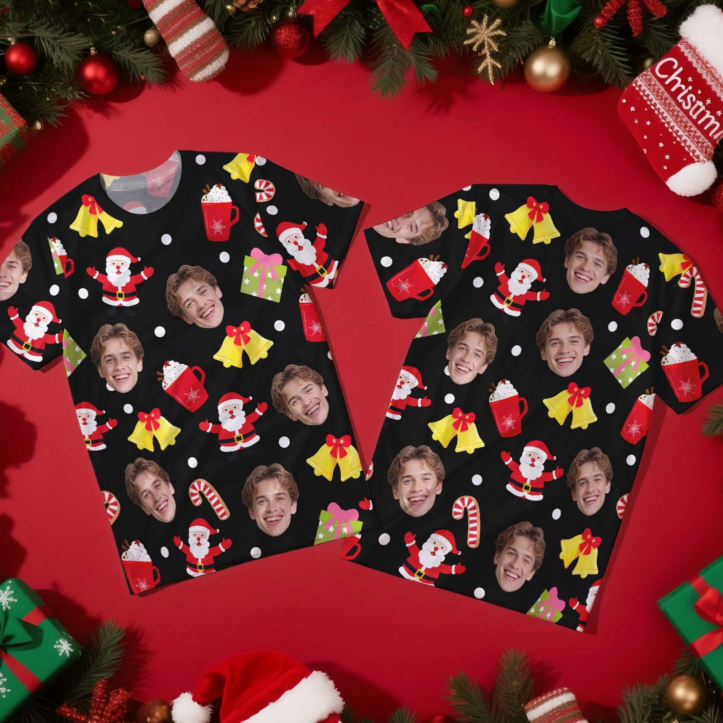 Custom Christmas Bell T-shirt Photo T-shirts Personalized Christmas Gift for Family and Friends - MyFaceSocks