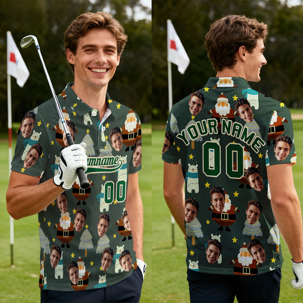 Custom Face and Text Green Red-White 3D Christmas Santa Claus Performance Golf Polo Shirt