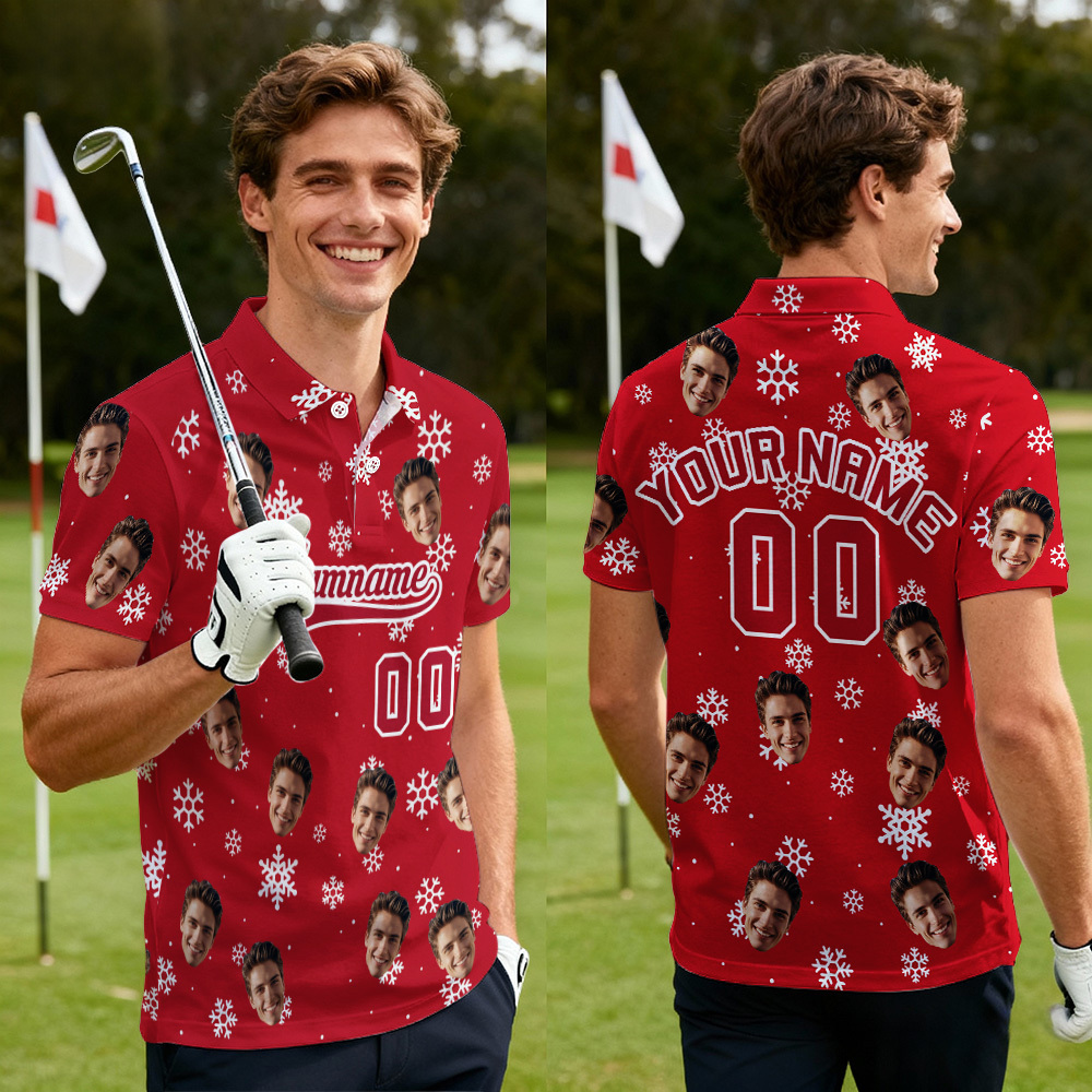Custom Face and Text Green Red-White 3D Christmas Santa Claus Performance Golf Polo Shirt