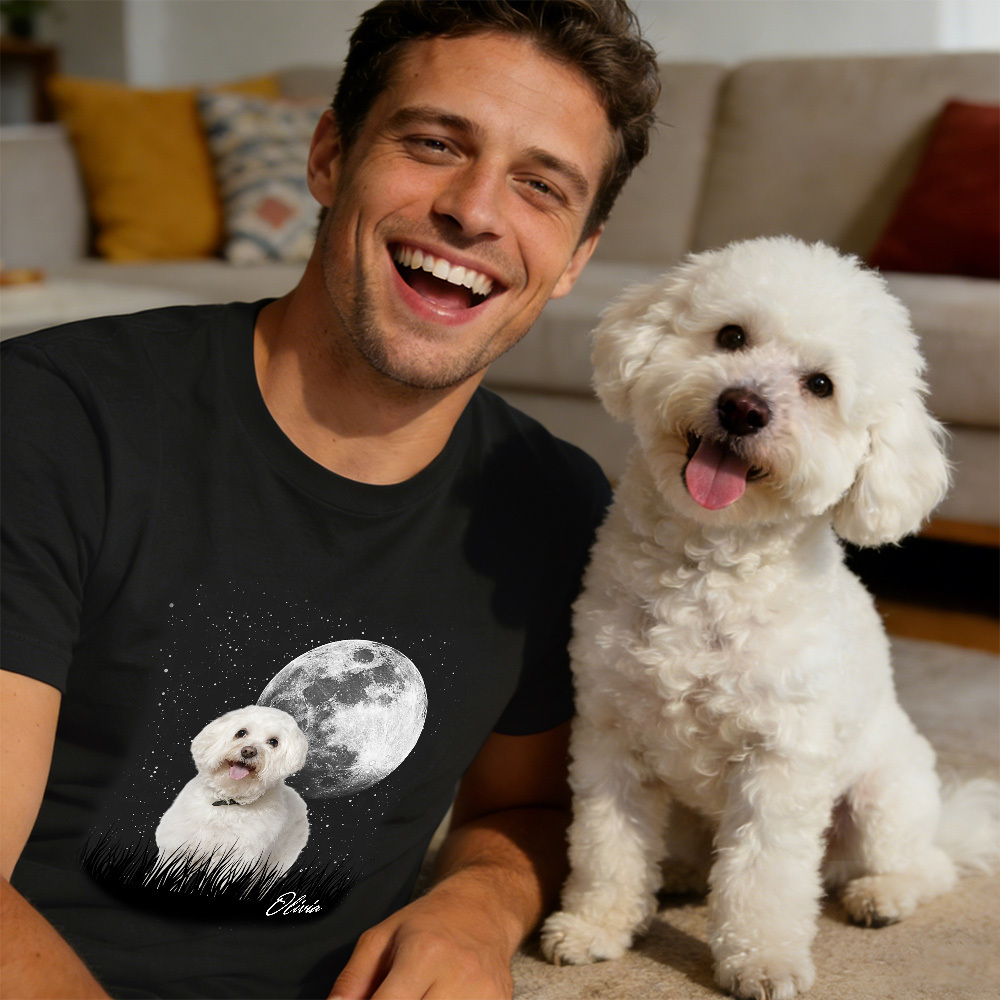 Custom Photo T-Shirt Personalized Full Moon Pet Shirt Custom Pet Portrait T-Shirt Gift for Pet Lovers
