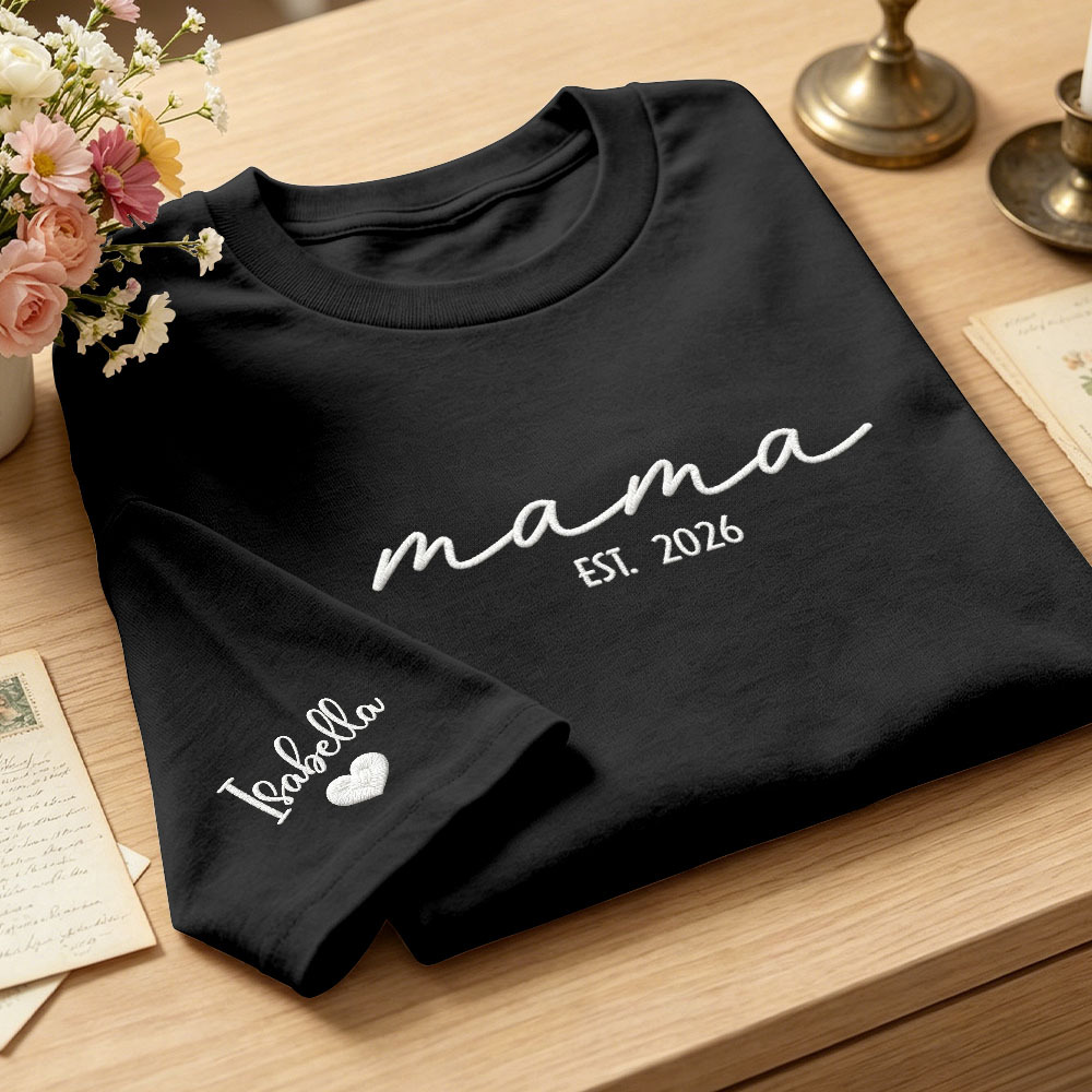 Custom Mama Embroidered T-Shirt Personalized Embroidered Tee for Mom New Mom Style Pregnancy Announcement Outfit Mother's Day Gift Selection - MyFaceSocks