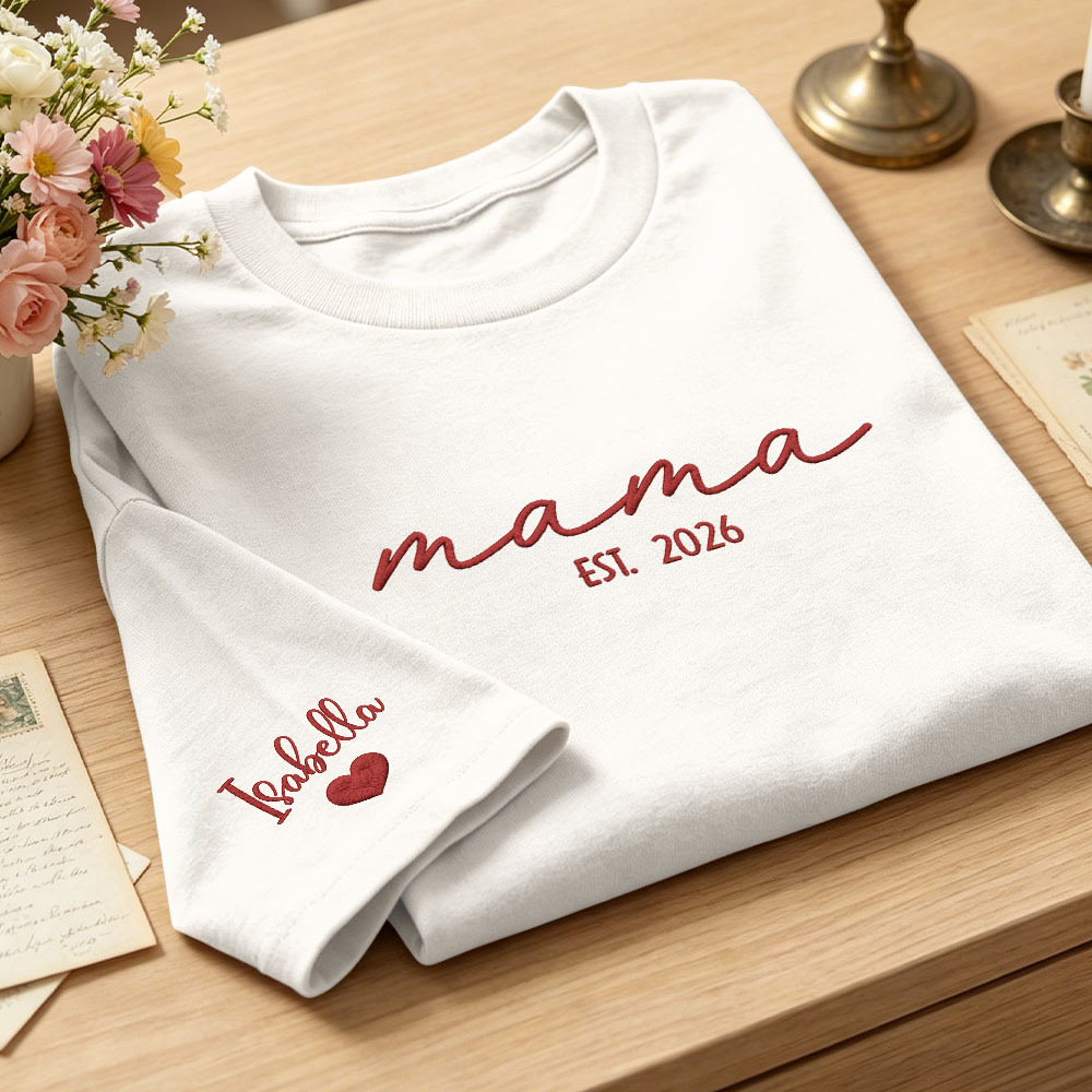 Custom Mama Embroidered T-Shirt Personalized Embroidered Tee for Mom New Mom Style Pregnancy Announcement Outfit Mother's Day Gift Selection - MyFaceSocks