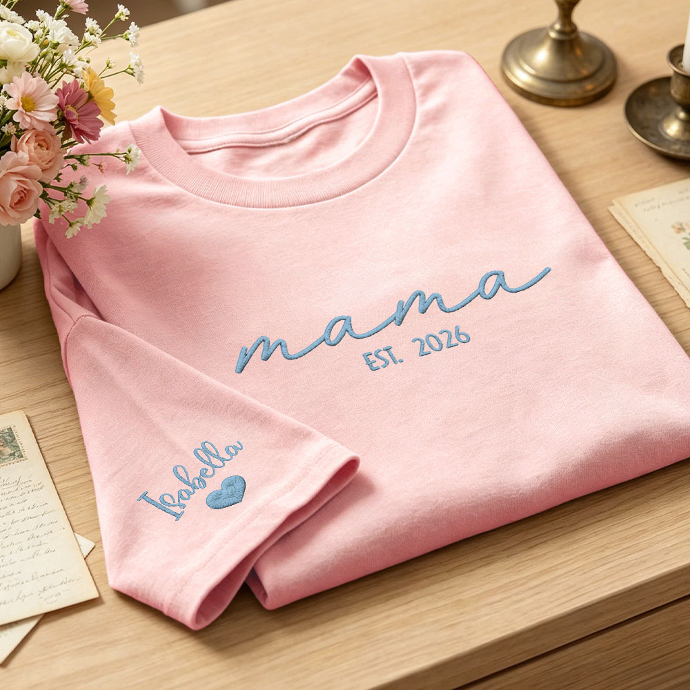 Custom Mama Embroidered T-Shirt Personalized Embroidered Tee for Mom New Mom Style Pregnancy Announcement Outfit Mother's Day Gift Selection - MyFaceSocks
