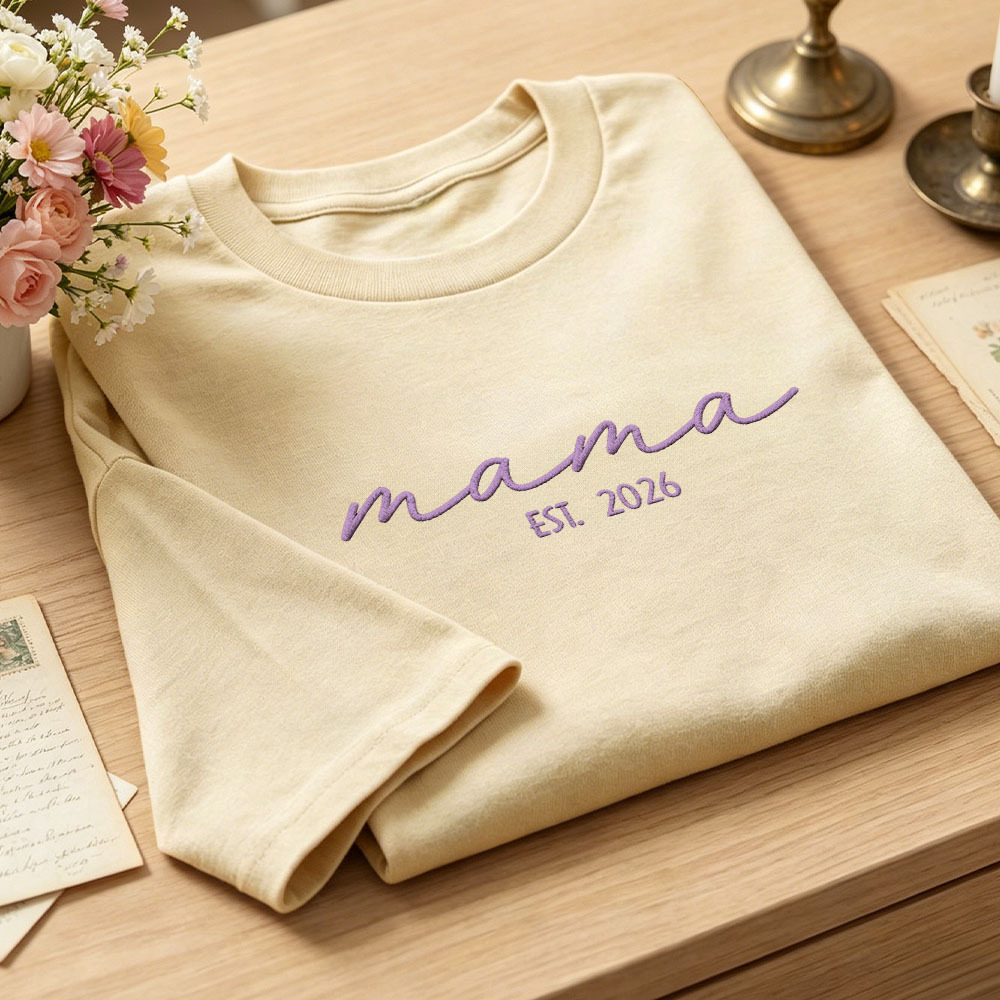 Custom Mama Embroidered T-Shirt Personalized Embroidered Tee for Mom New Mom Style Pregnancy Announcement Outfit Mother's Day Gift Selection - MyFaceSocks