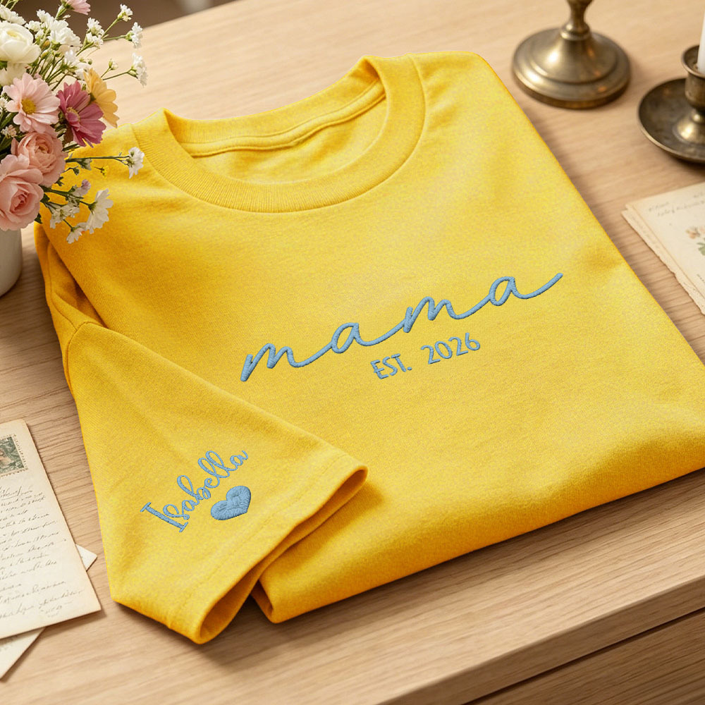Custom Mama Embroidered T-Shirt Personalized Embroidered Tee for Mom New Mom Style Pregnancy Announcement Outfit Mother's Day Gift Selection - MyFaceSocks