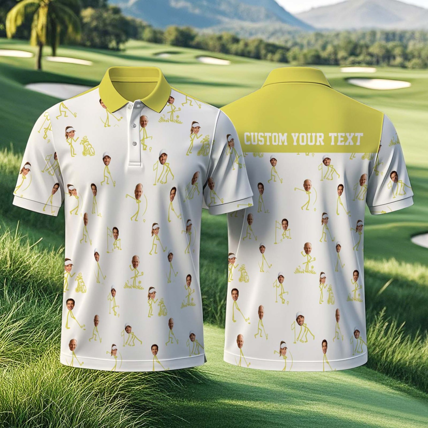Custom Face Golf Polo Shirt, Personalized Photo Golf Shirt with Name, Funny Stick Figure Golfing Shirt, Unique Birthday Gift for Golfer - MyFaceSocks