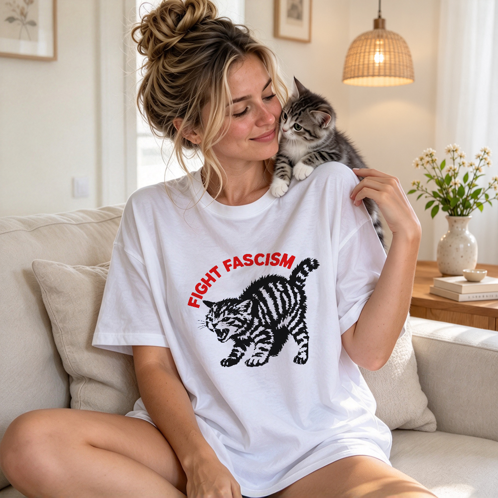 Fight Fascism Tabby Cat T-Shirt – Bold Statement Tee for Activists & Gift Givers This Holiday