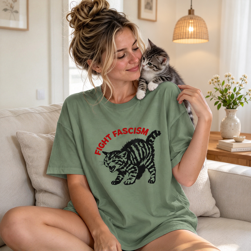 Fight Fascism Tabby Cat T-Shirt – Bold Statement Tee for Activists & Gift Givers This Holiday