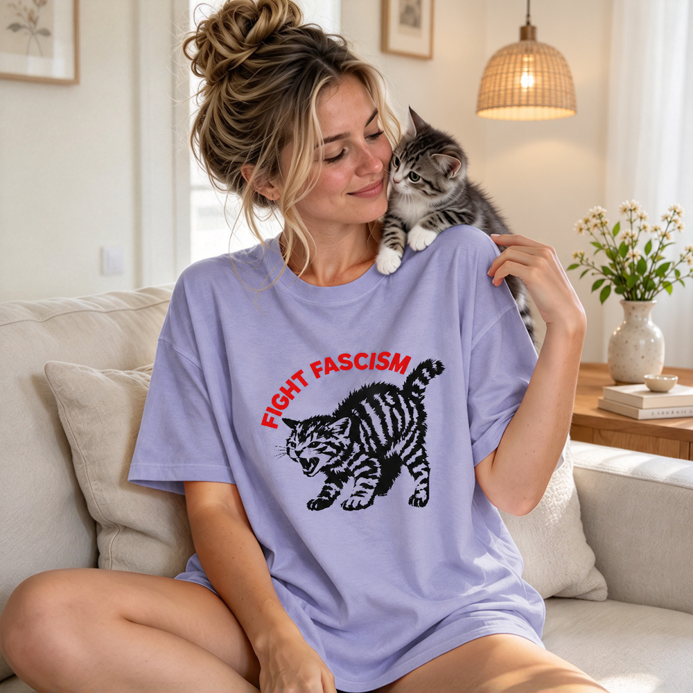 Fight Fascism Tabby Cat T-Shirt – Bold Statement Tee for Activists & Gift Givers This Holiday