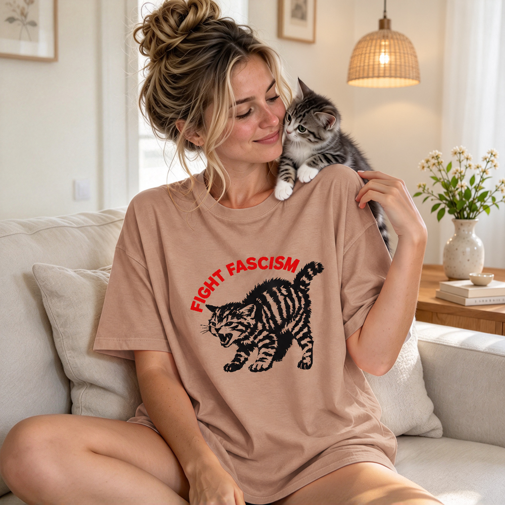 Fight Fascism Tabby Cat T-Shirt – Bold Statement Tee for Activists & Gift Givers This Holiday