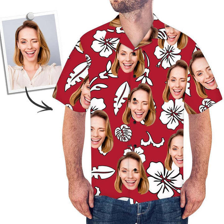 Custom Face Hawaiian Style Red Long Dress And Shirt Couple Outfit White Flowers Design - MyFaceSocks