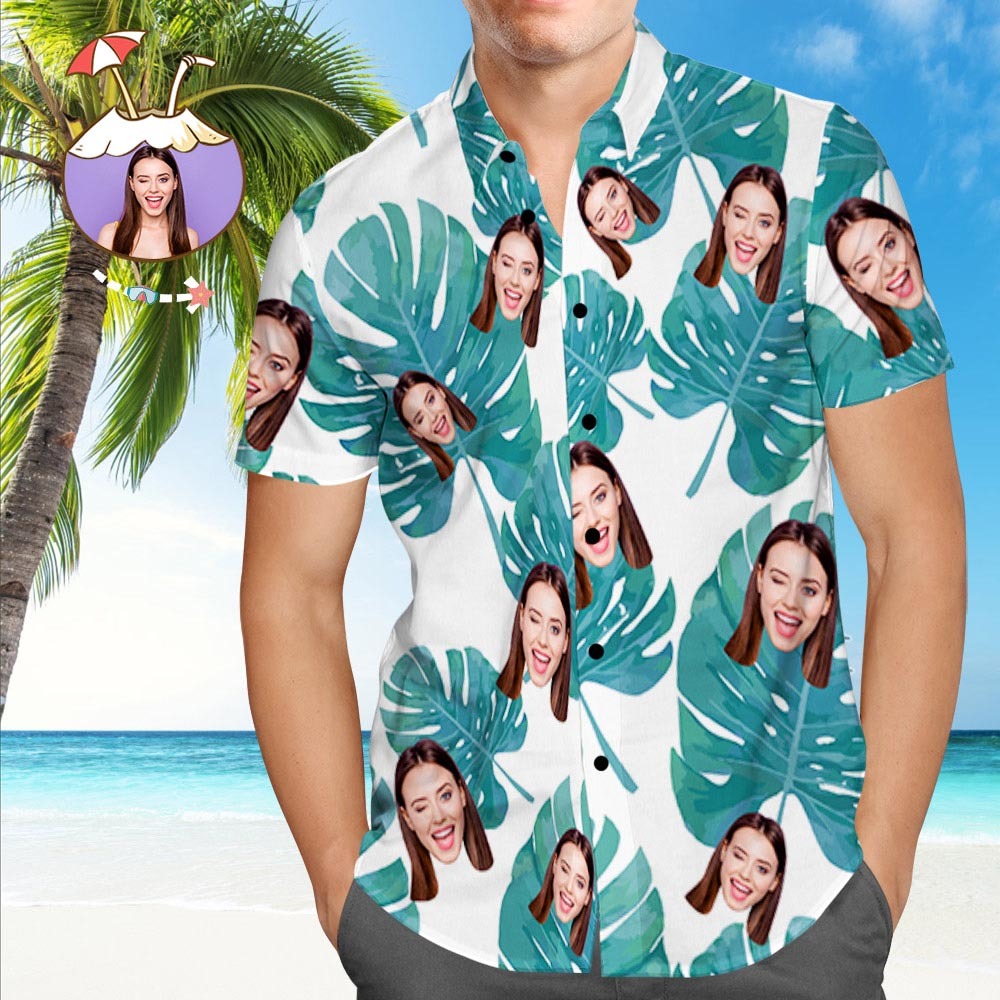 Custom Dog Face Hawaiian Shirt Custom Tropical Shirts Green Leaves Beach Shirt - MyFaceSocks