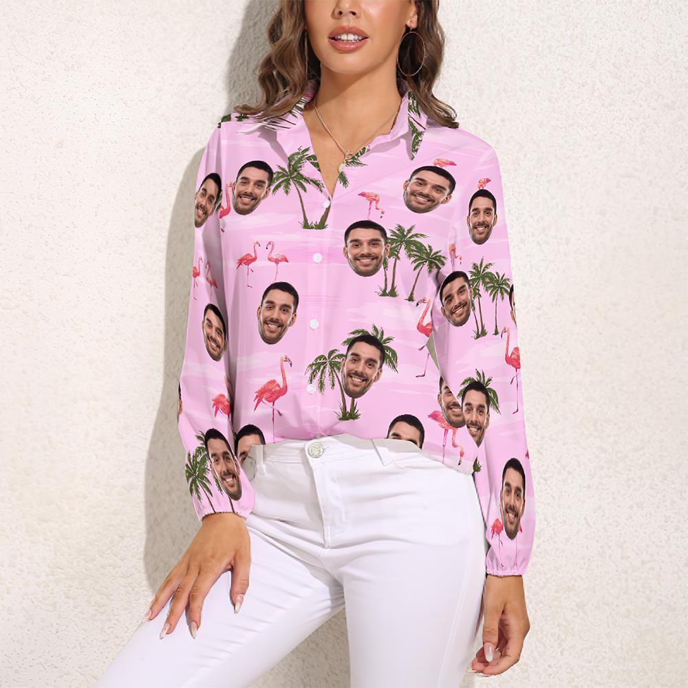 Custom Cat Face Hawaiian Shirts Pink Flamingo Vintage Long Sleeves Hawaiian Shirts for Women - MyFaceSocks