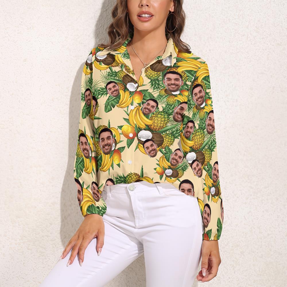 Custom Pet Face Hawaiian Shirts Tropical Fruit Long Sleeves Hawaiian Shirts for Women - MyFaceSocks