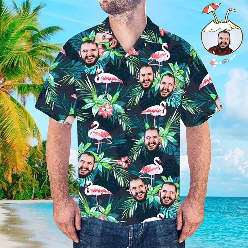 Custom Hawaiian Shirt with Face Custom Dog Face Shirt Leaves & Flamingo Button Down Shirts Gifts for Pet Lover - MyFaceSocks