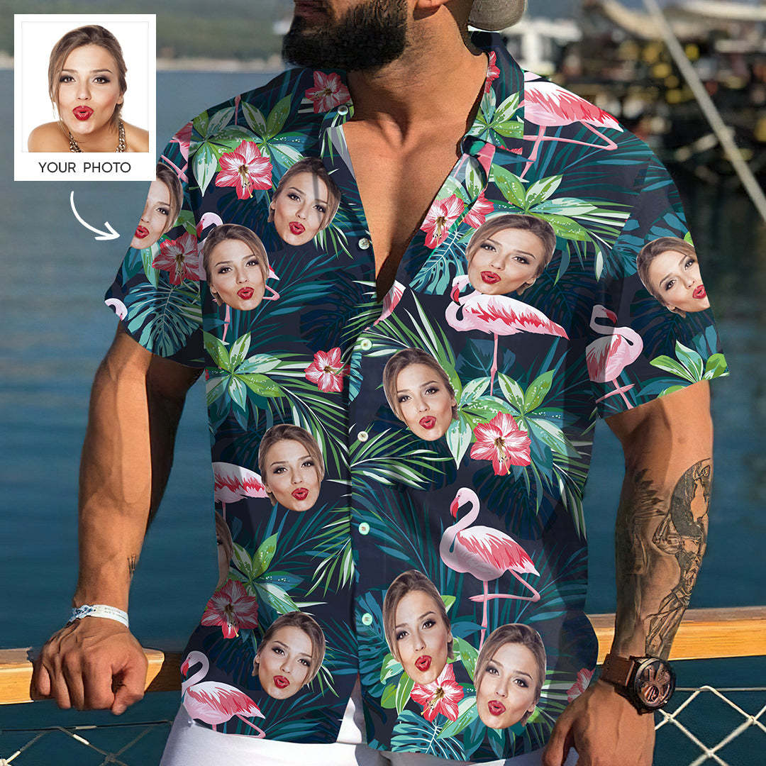 Face on Shirts Custom Hawaiian Shirt with Face Leaves & Flamingo Button Down Shirts - MyFaceSocks