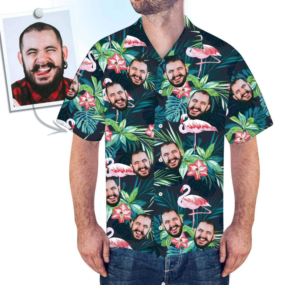 Face on Shirts Custom Hawaiian Shirt with Face Leaves & Flamingo Button Down Shirts - MyFaceSocks