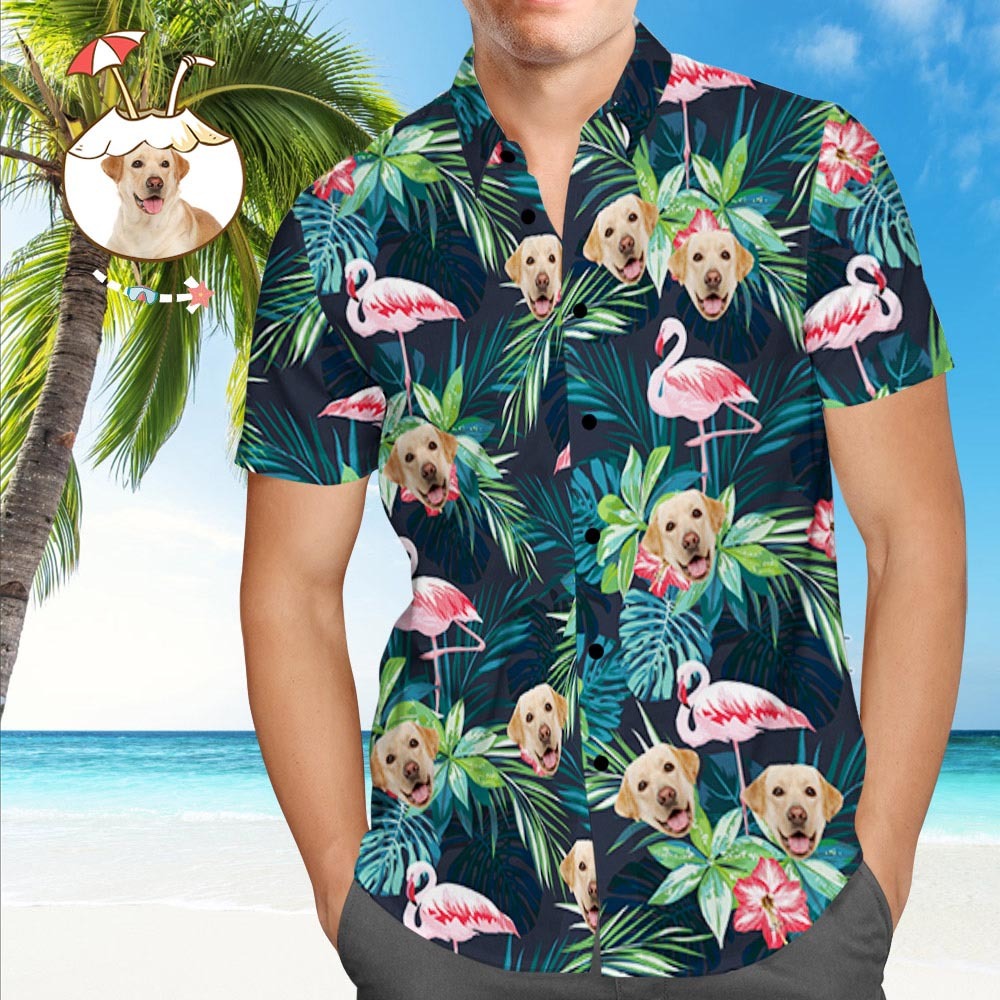 Custom Hawaiian Shirt with Face Custom Dog Face Shirt Leaves & Flamingo Button Down Shirts Gifts for Pet Lover - MyFaceSocks