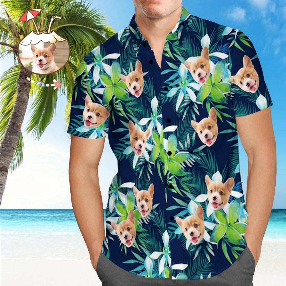 Custom Hawaiian Shirt with Face Custom Dog Face Hawaiian Shirt Leaves Tropical Shirts - MyFaceSocks