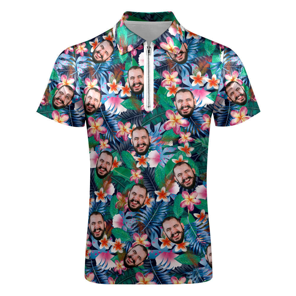 Custom Hawaiian Style Polo Shirt with Zipper Personalized Face Men's Polo Shirt for Him - MyFaceSocks