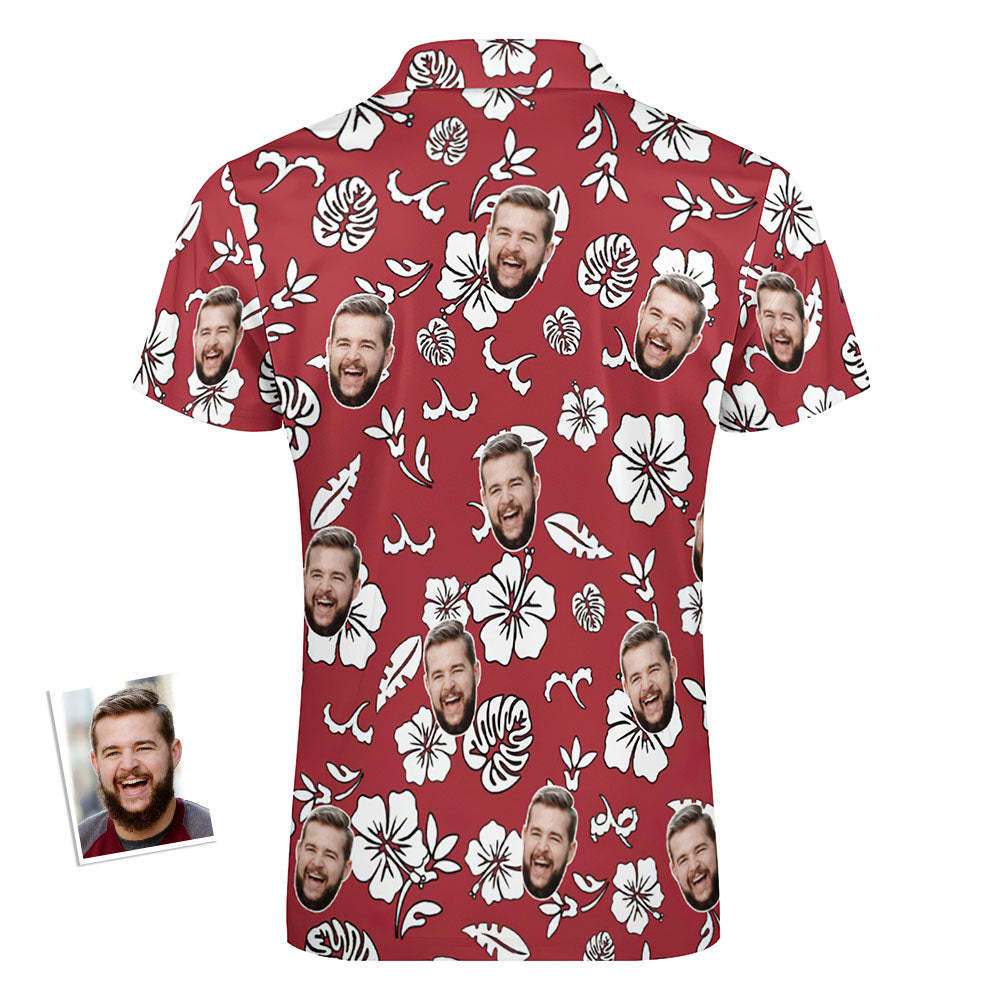 Custom Red Flowers Men's Polo Shirt Personalized Face Funny Polo Shirt with Zipper - MyFaceSocks