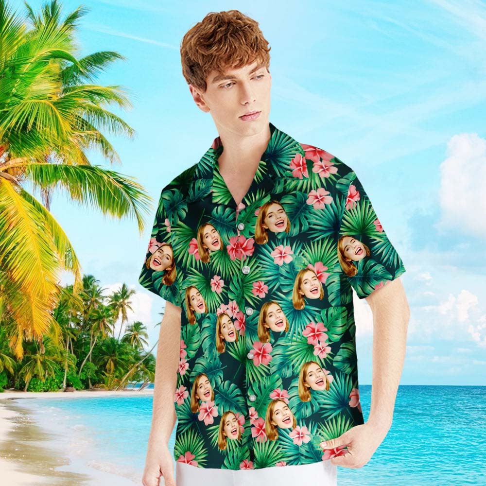 Custom Face Shirt with Text Men's Hawaiian Shirt Red Flowers
