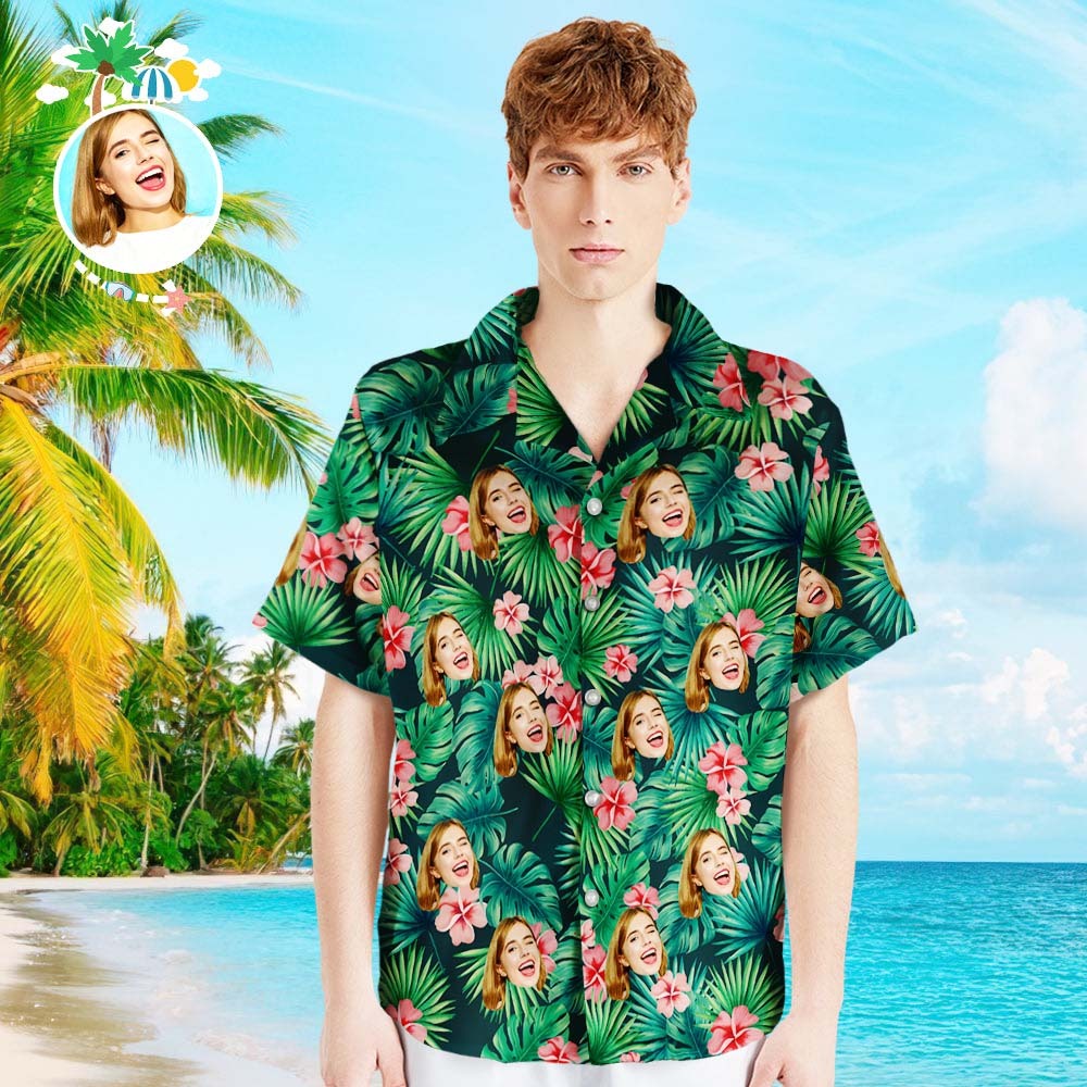 Custom Face Shirt with Text Men's Hawaiian Shirt Red Flowers