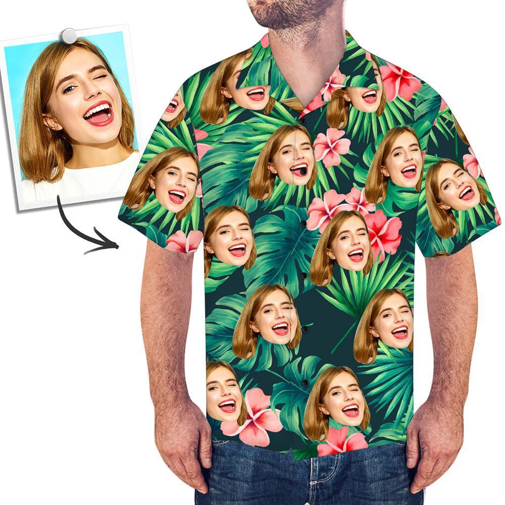 Custom Tropical Shirts Custom Face Hawaiian Shirt Leaves & Flowers Men's All Over Print Hawaiian Shirt - MyFaceSocks