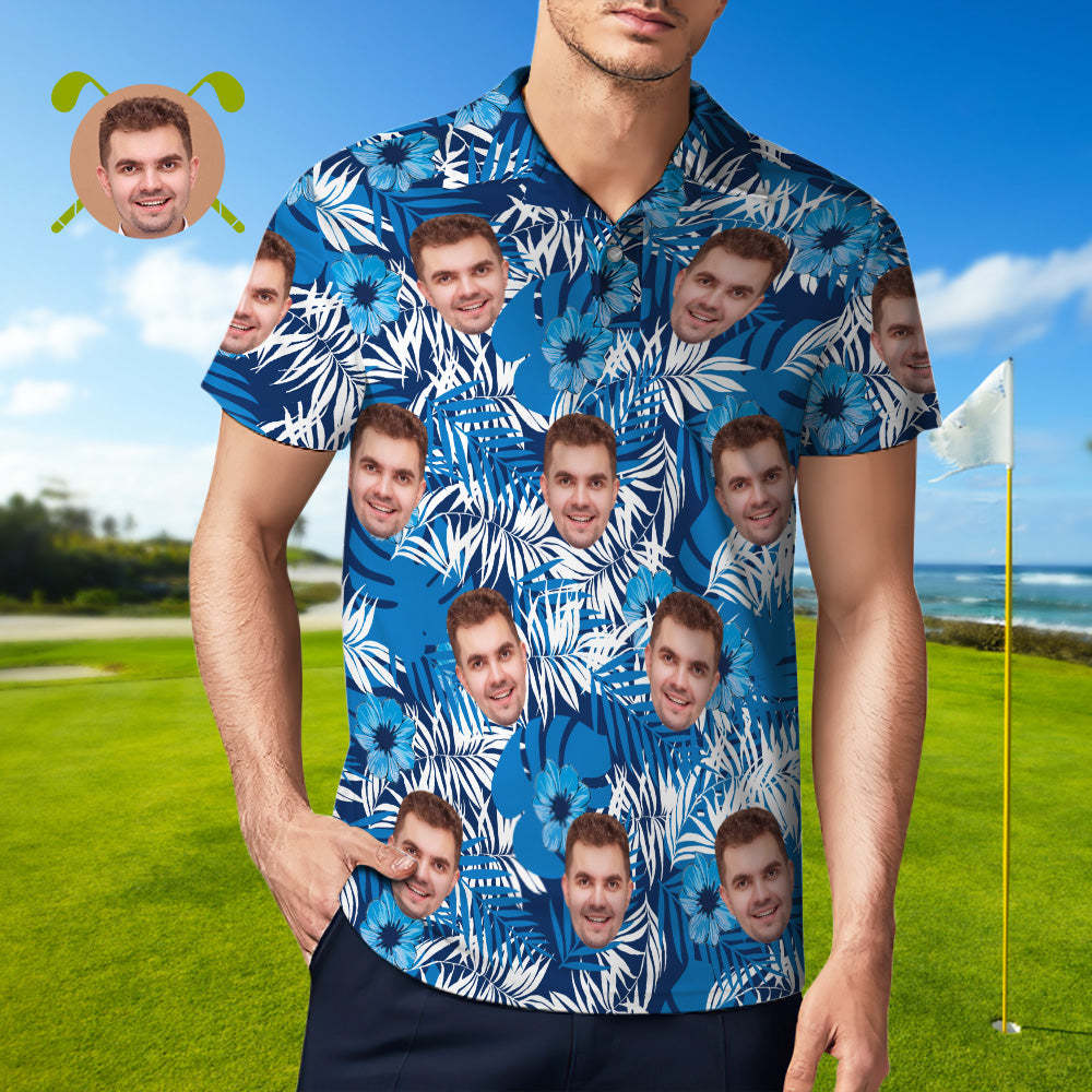 Men's Custom Face POLO Shirt Personalized Golf Shirts For Him Blue Leaves - MyFaceSocks