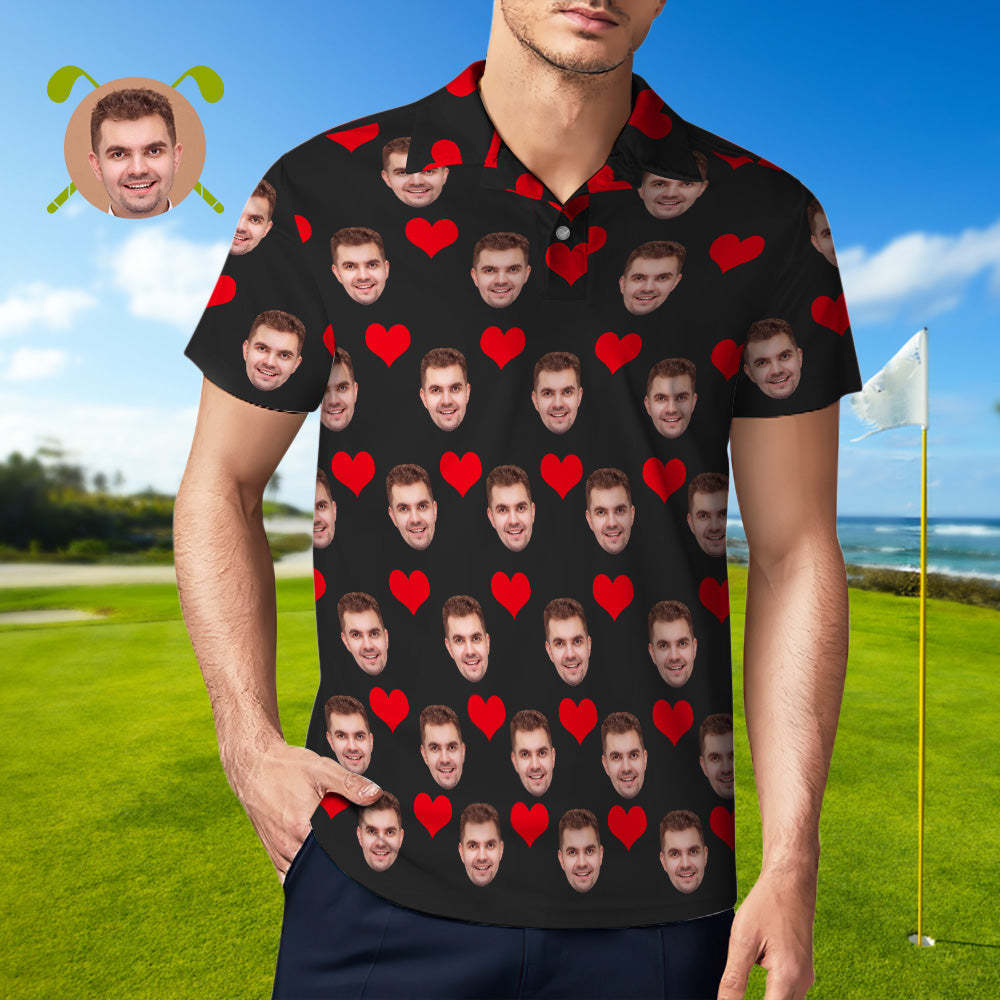 Men's Custom Face POLO Shirt Personalized Golf Shirts For Him Love Heart - MyFaceSocks