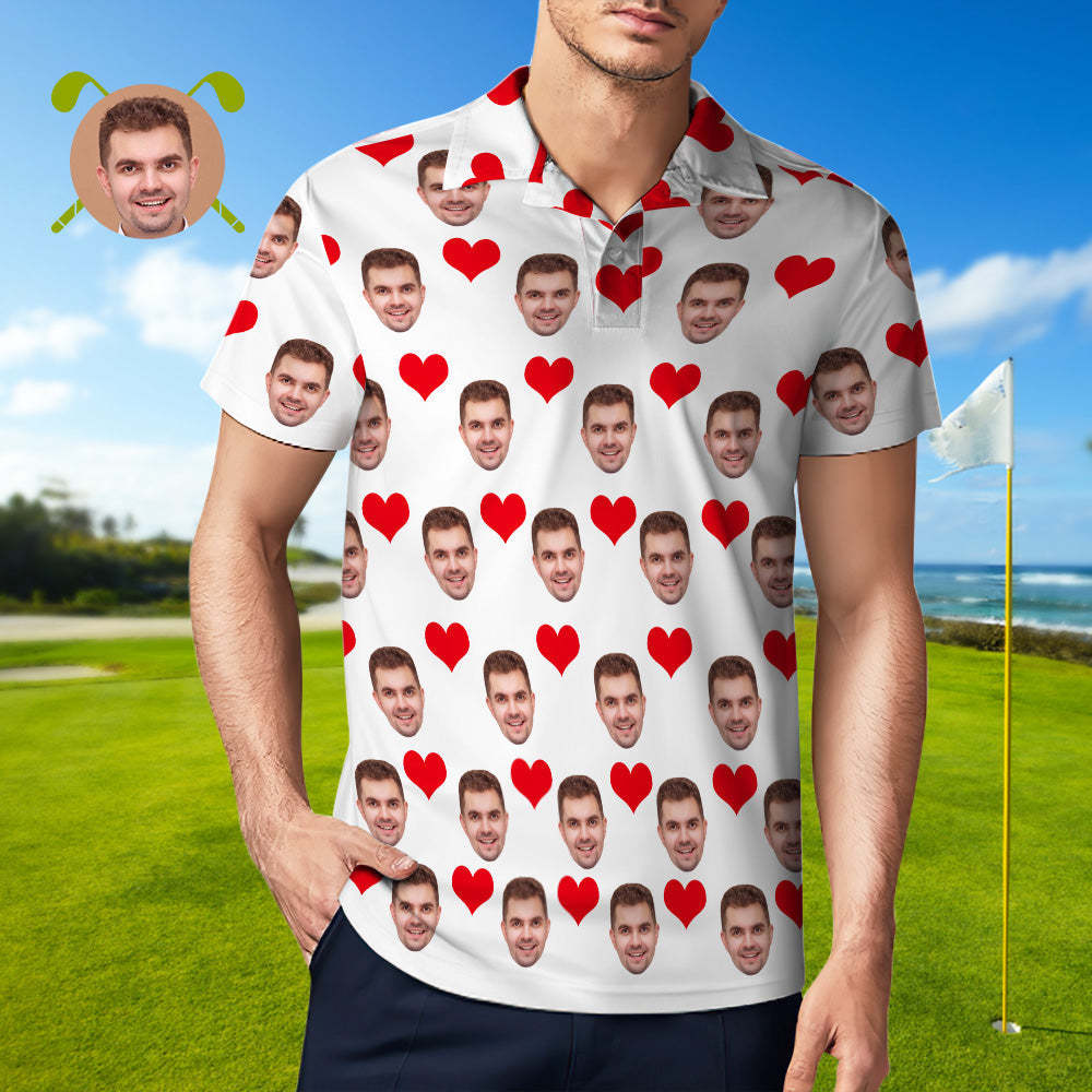 Men's Custom Face POLO Shirt Personalized Golf Shirts For Him Love Heart - MyFaceSocks