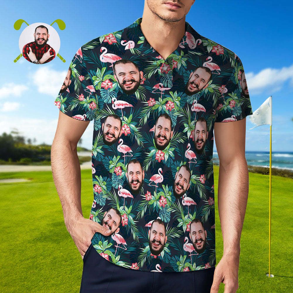 Men's Custom Face POLO Shirt Personalized Golf Shirts For Him Flamingo Flower - MyFaceSocks