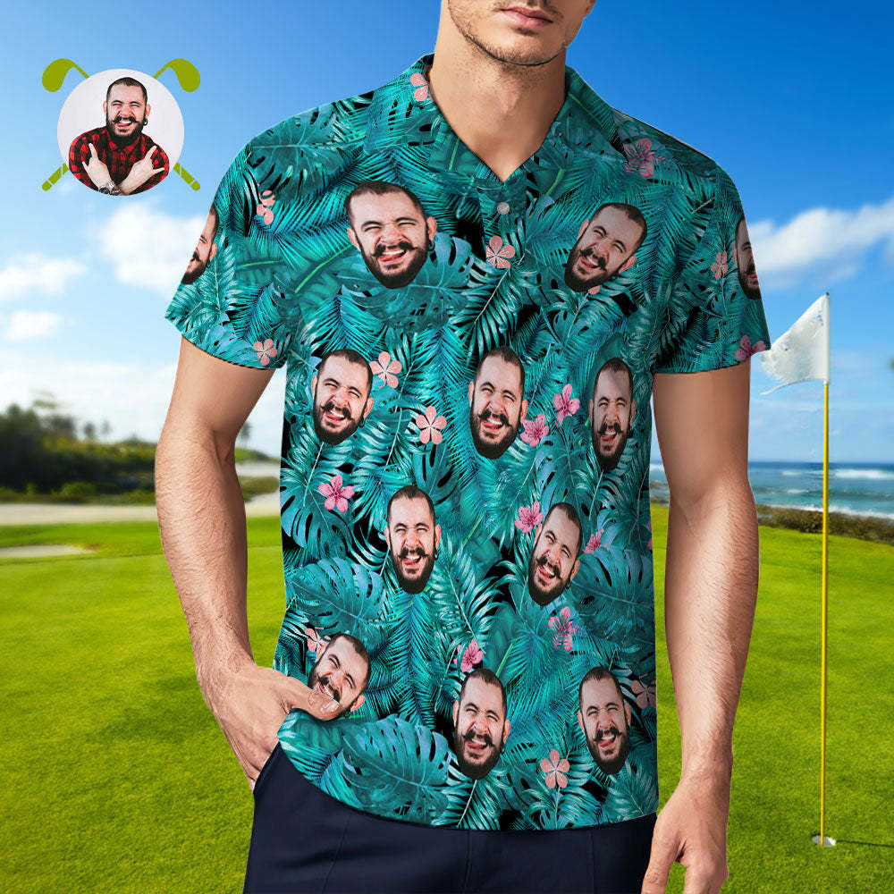 Men's Custom Face POLO Shirt Personalized Blue Golf Shirts For Him Pink Flower - MyFaceSocks