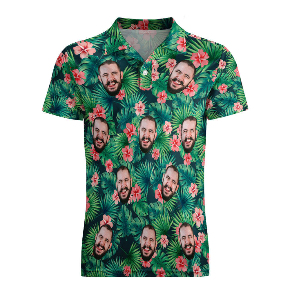 Men's Custom Face POLO Shirt Personalized Green Golf Shirts For Him Hawaiian Pink Flower - MyFaceSocks