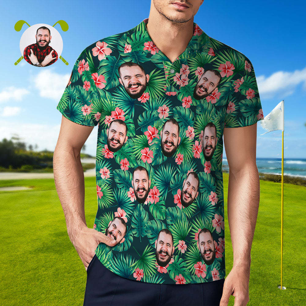 Men's Custom Face POLO Shirt Personalized Green Golf Shirts For Him Hawaiian Pink Flower - MyFaceSocks