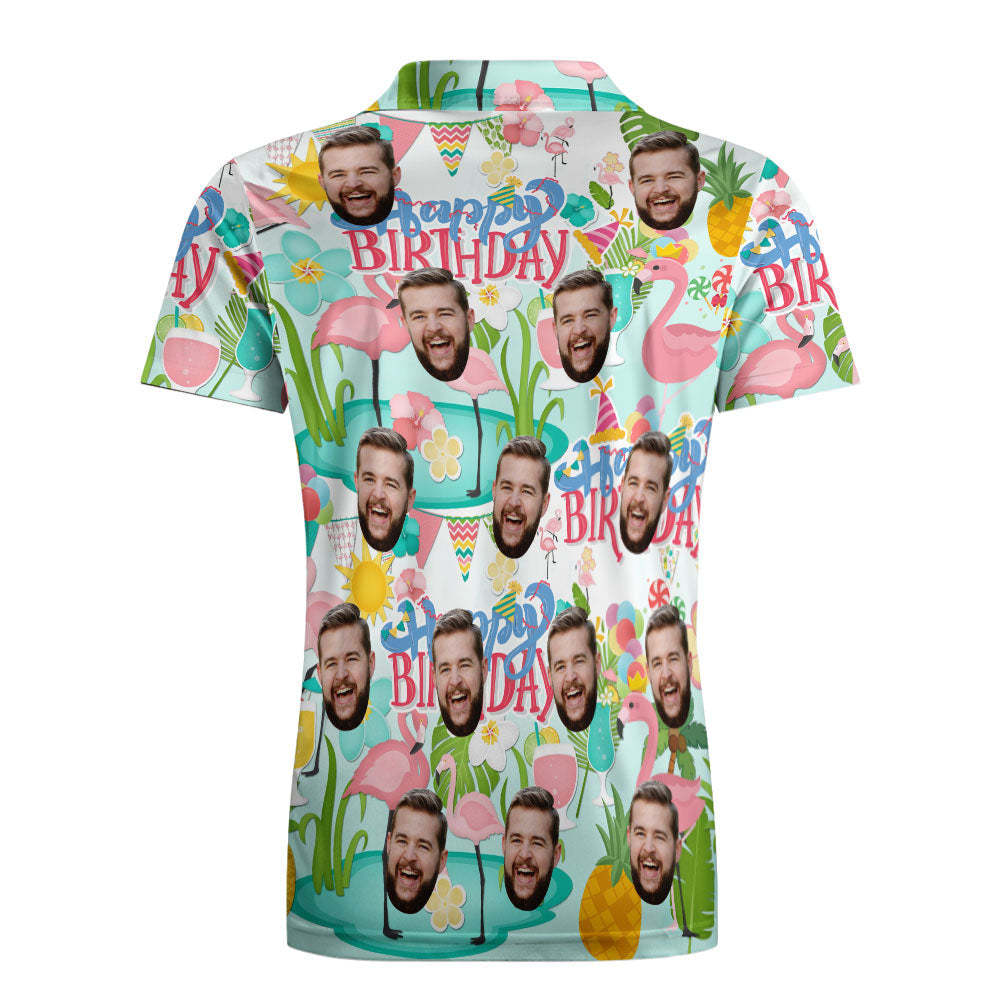 Custom Polo Shirt Hawaiian Golf Polo Shirts Happy Birthday Flamingo Party - MyFaceSocks
