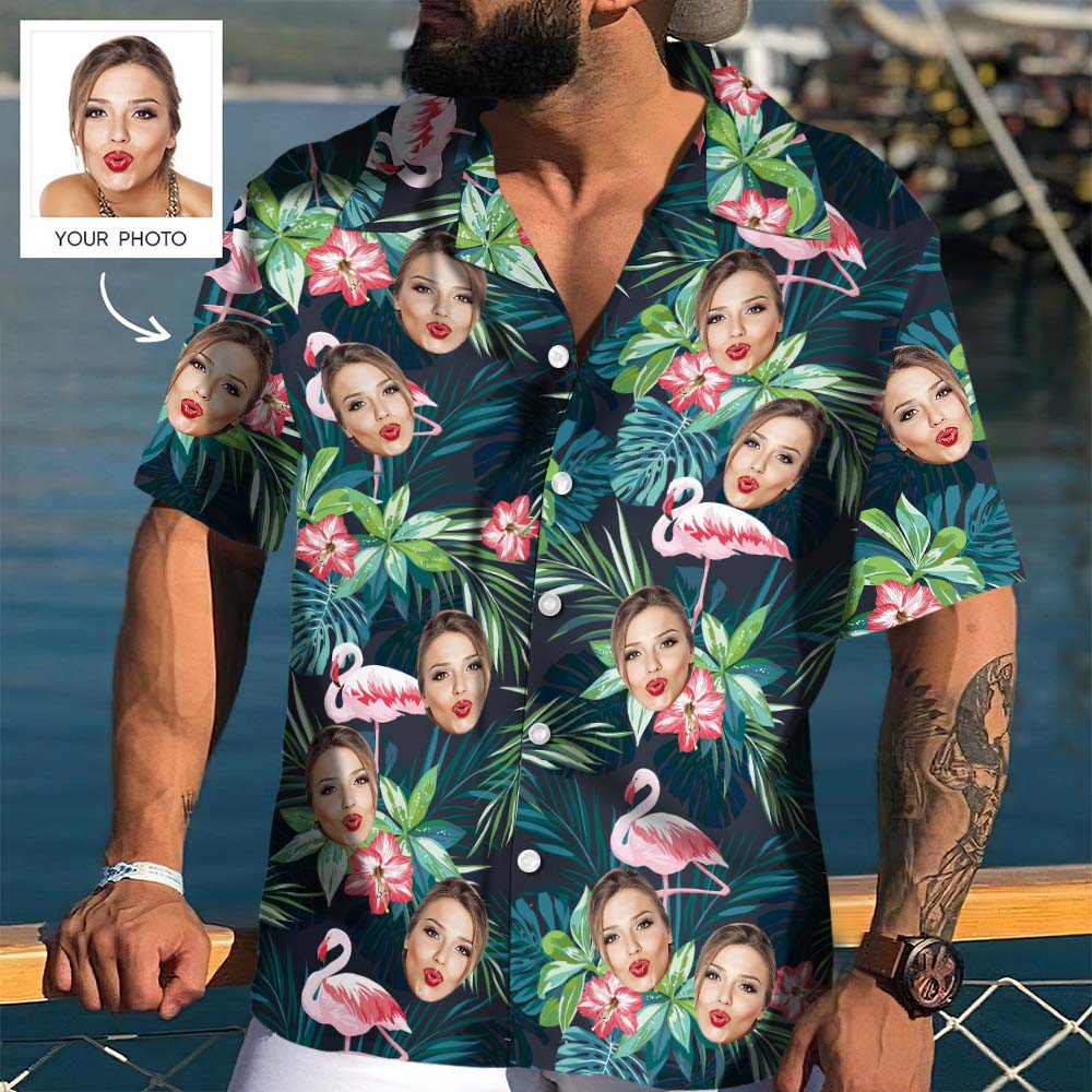 Custom Face All Over Print Hawaiian Shirt Flamingo Flowers And Leaves