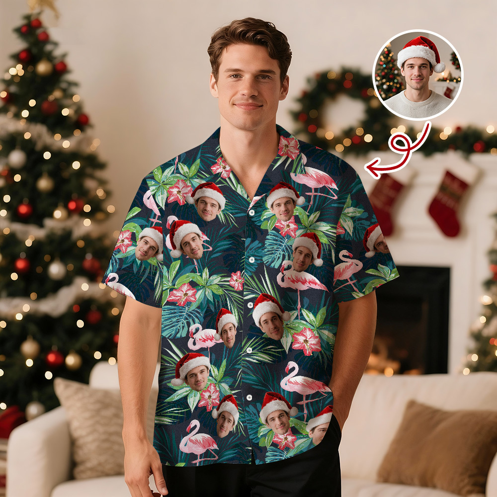 Custom Face All Over Print Hawaiian Shirt Flamingo Flowers And Leaves