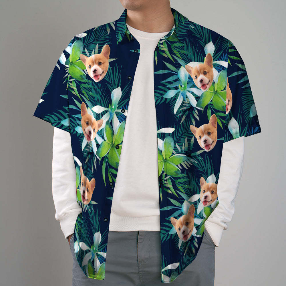 Custom Hawaiian Shirt with Face Custom Dog Face Hawaiian Shirt Leaves Tropical Shirts - MyFaceSocks