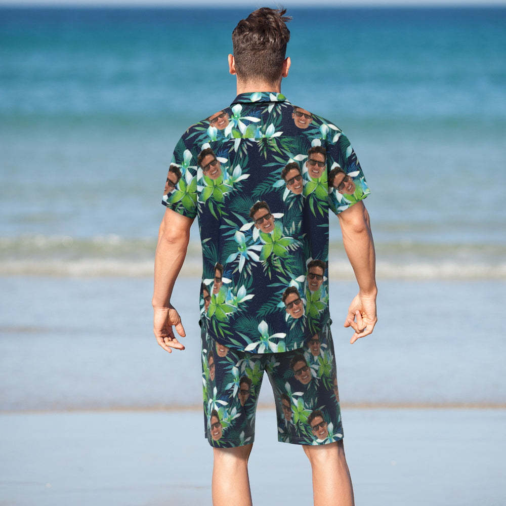 Custom Face Hawaiian Shirt And Beach Shorts Set Personalized Men's Photo Tropical Leaves Set Vacation Party Gift