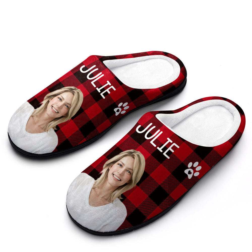 Custom Photo and Name Women Men Slippers With Footprint Personalized Green Casual House Cotton Slippers Christmas Gift For Pet Lover - MyFaceSocks