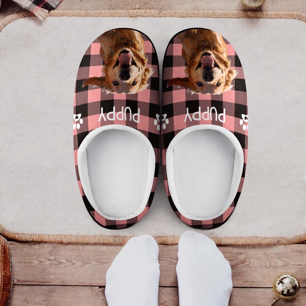 Custom Photo and Name Women Men Slippers With Footprint Personalized Red Casual House Cotton Slippers Christmas Gift For Pet Lover - MyFaceSocks