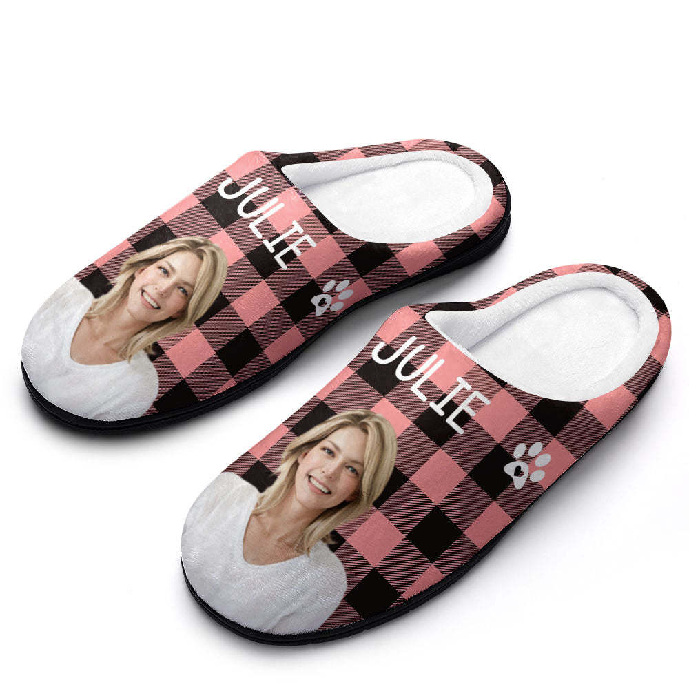 Custom Photo and Name Women Men Slippers With Footprint Personalized Pink Casual House Cotton Slippers Christmas Gift For Pet Lover - MyFaceSocks