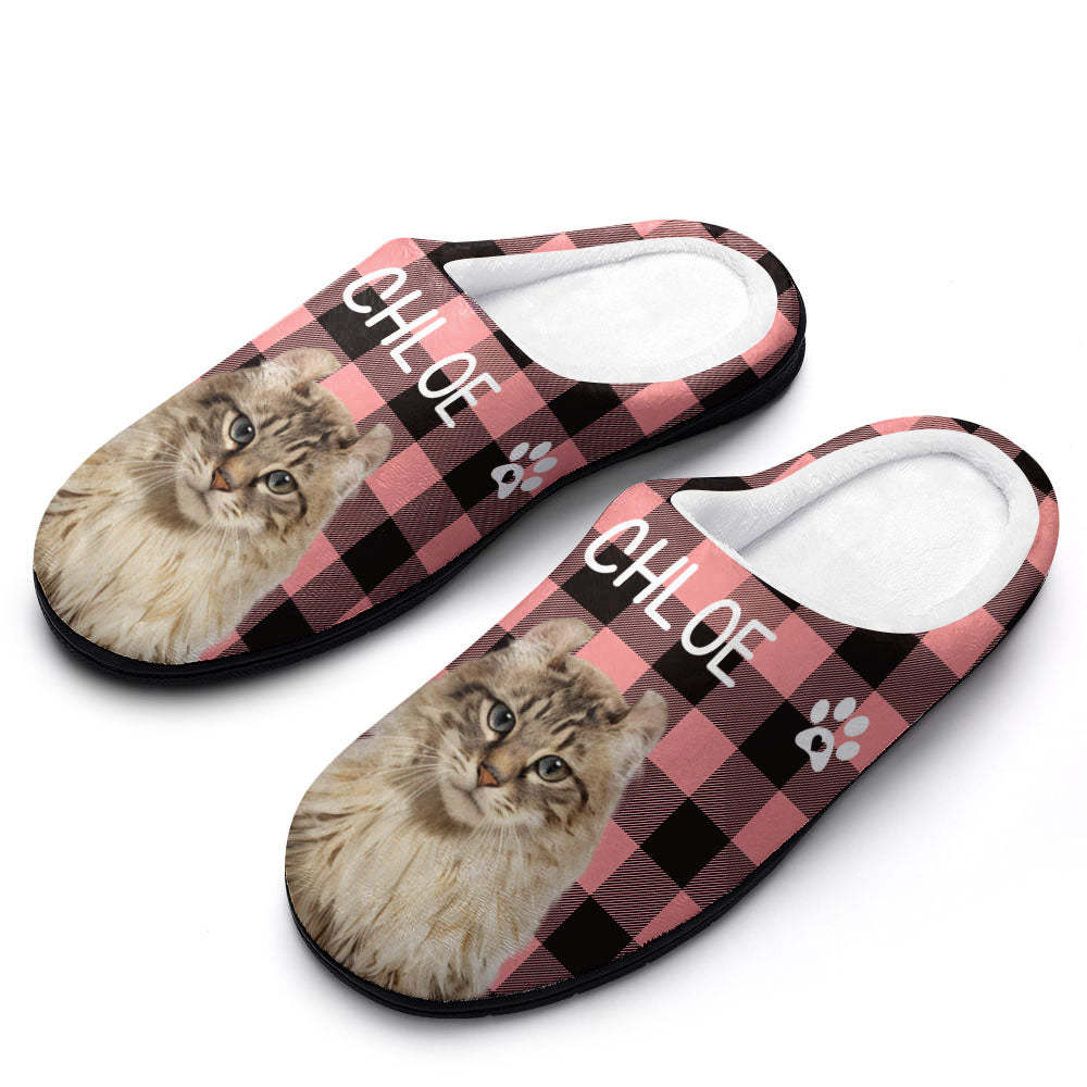 Custom Photo and Name Women Men Slippers With Footprint Personalized Pink Casual House Cotton Slippers Christmas Gift For Pet Lover - MyFaceSocks