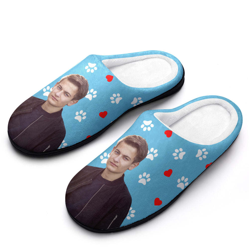 Custom Photo Women Men Slippers With Footprint and Heart Personalized Casual House Cotton Slippers Christmas Gift For Pet Lover - MyFaceSocks