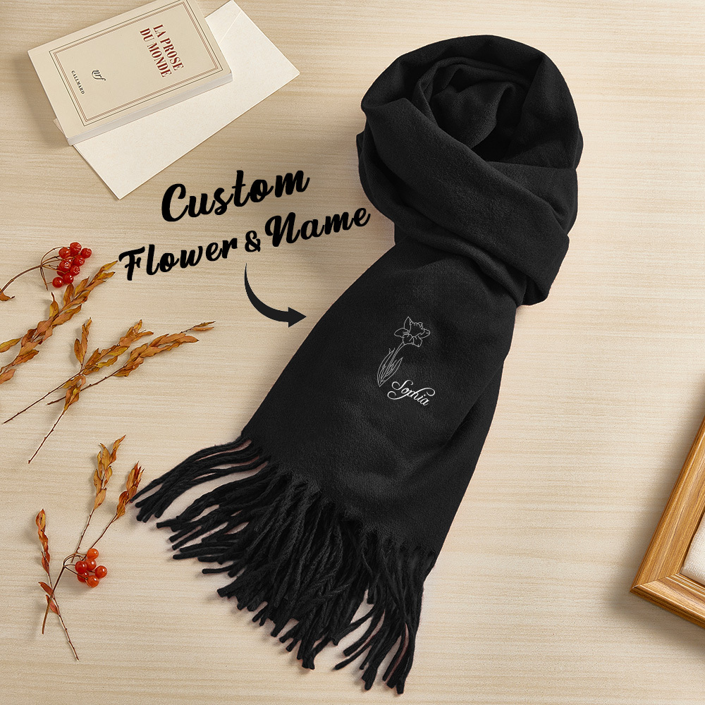 Custom Super Soft Warm Scarf with Embroidered Birth Flower and Text Pe