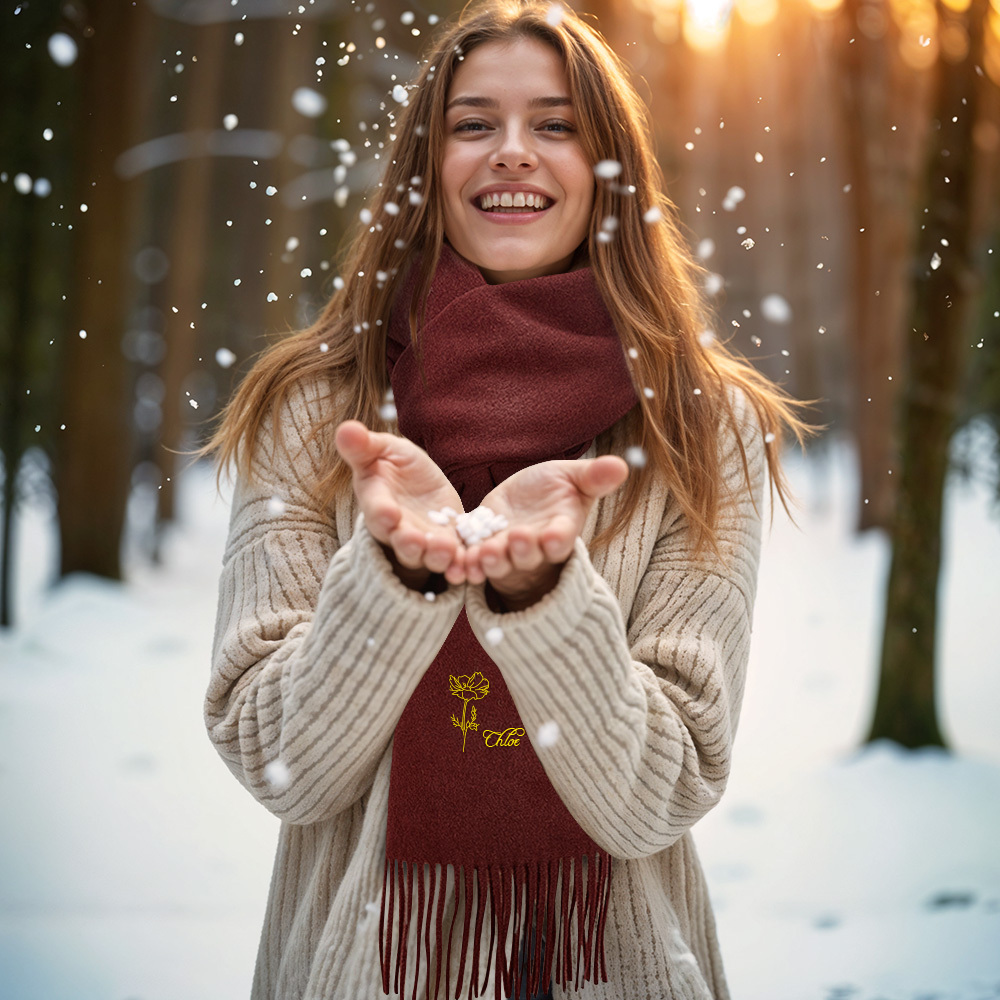 Custom Super Soft Warm Scarf with Embroidered Birth Flower and Text Personalized Fashion Christmas Gift for Couple Family	